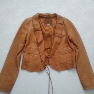 Leather victorian ruffled front ties cropped jacket